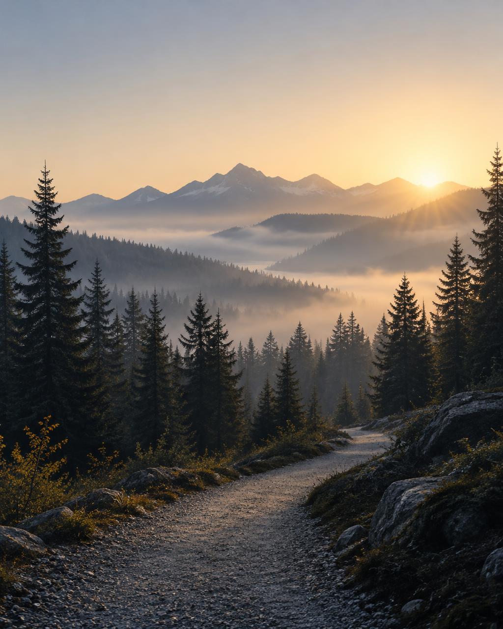 A trail winding through a misty forest at dawn