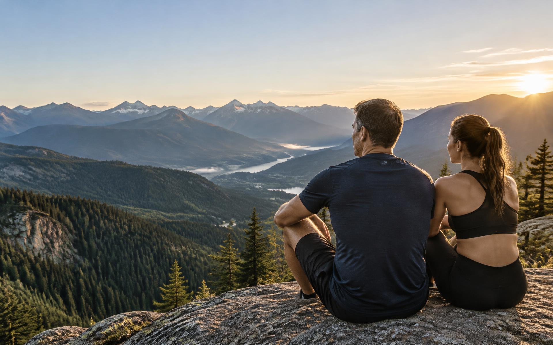 An active couple seated together overlooking a mountain valley at sunrise